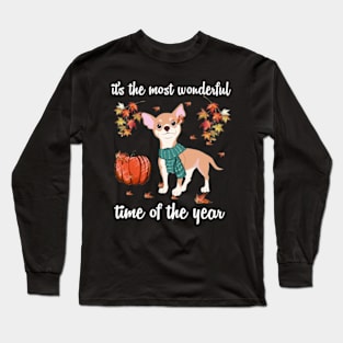 Chihuahua Dog Autumn Fall Most Wonderful Time Maple Gift Long Sleeve T-Shirt